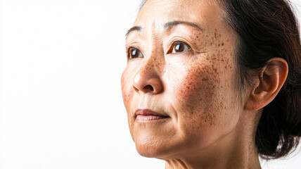 Obraz premium Side shot Middle aged Asian woman's face with natural freckles isolated on white background