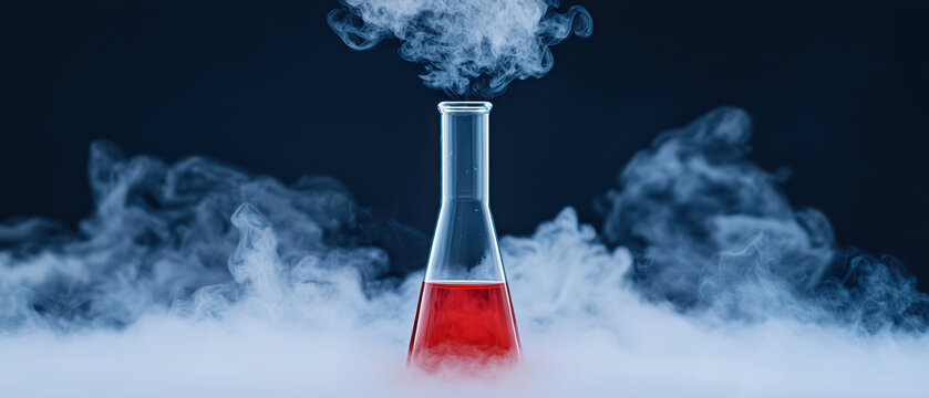 close up of chemistry experiment featuring glass flask with red liquid, surrounded by smoke, creating mysterious atmosphere