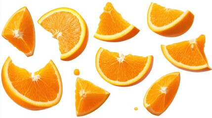 Juicy Orange Slices Falling on White Background.