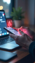 Warning about the use of virtual screen technology on smartphones, cyberattacks on networks or malicious software. Cyber Security and Crime, Compromised Internet Data, Privacy, Data Breach, Hacker.