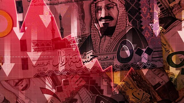Saudi Riyal currency depreciating concept 4k animation with red arrows going down.
