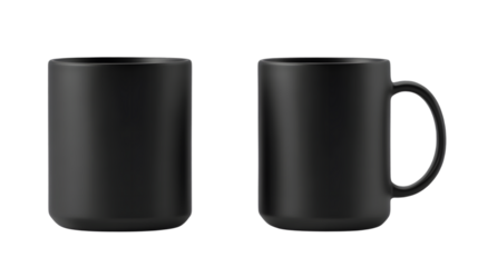Minimalist black ceramic mug with a matte finish and a modern design, ideal for contemporary kitchen decor. Isolated on transparent background