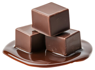 Three chocolate cubes stacked and melted chocolate sauce dessert fudge food.