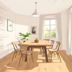 Sunlit Dining Room With Wooden Table And Chairs