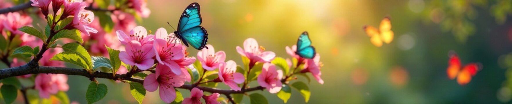 A blooming tree with a variety of colorful butterfly species flitting about its blossoms in the morning light, vibrant hues, foliage