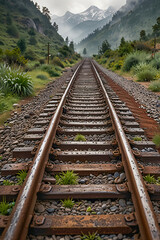 Fototapeta premium Weathered railway track stretches into distance, bordered by lush green grass. Rolling hills and misty, snow-capped mountains rise majestically under soft dawn light, evoking tranquility & adventure.