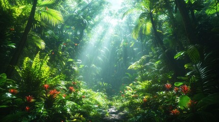 Obraz premium Lush jungle path, sunlight dappled, vibrant foliage.