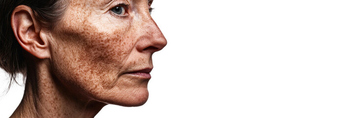 Fototapeta premium Side shot Middle aged woman's face with natural freckles isolated on white background