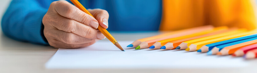 senior artist creating colorful drawing with pencils on paper