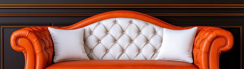 Luxurious orange sofa with white cushions against dark wall, exuding elegance and comfort