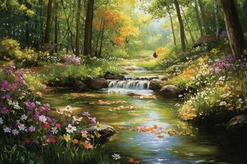 Obraz premium Serene Landscape with Lush Green Forest, Colorful Wildflowers, Sparkling Stream, and Peaceful Waterfall Surrounded by Vibrant Nature in a Sunny Day
