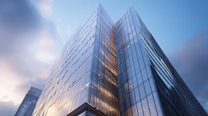 Obraz premium Modern Glass Skyscrapers in a Cityscape A fragment of a modern office building in the capital .glass buildings with cloudy blue sky background .modern office building 