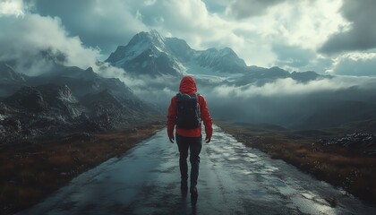 Traveler in a red jacket walking down an endless road, vast desolate landscape, powerful dramatic sky, solitude and exploration, highly detailed imagery