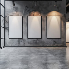 industrial style interior with three empty picture frames hanging on concrete wall