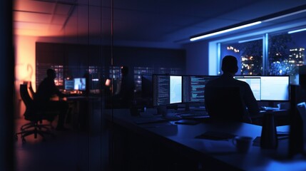 Night Shift Coders:  A Silhouette of Developers Working Late in a Modern Office