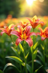 Fototapeta premium A bunch of lily flowers in a field with sunlight filtering through, greenery, lily, field