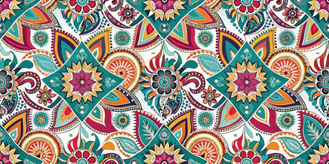 Vibrant floral pattern with intricate designs in turquoise, orange, and pink hues.