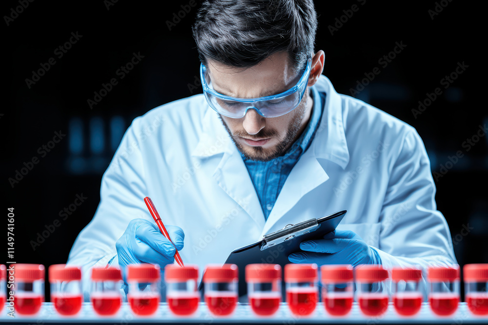 Poster researcher in lab writes notes while analyzing samples in red containers