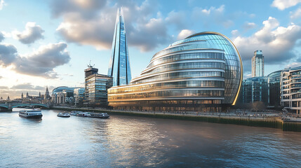 Naklejka premium A view of the River Thames and the Shard in London Thames Panorama at sunrise