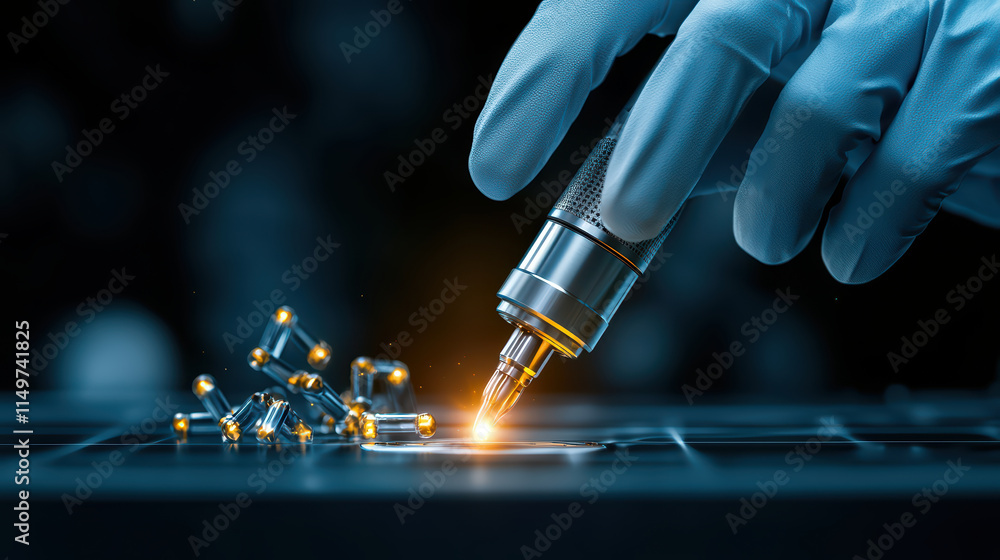 Poster robotic arm with precision tool is carefully manipulating small metallic components, showcasing adva