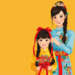 Two girls in traditional dresses with vibrant colors and floral patterns, smiling joyfully against bright yellow background