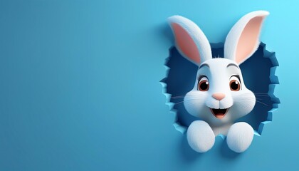 3d Cartoon sweet Easter bunny poster peeking out of a hole in the blue clean wall 