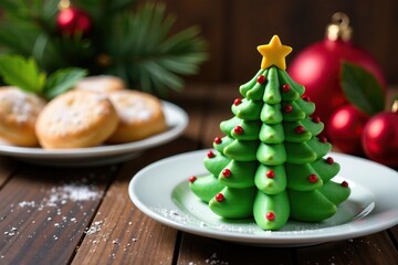 A Christmas tree shaped cake with frosting and decorations next to a plate of holiday baked goods, festive treats, Christmas dessert, holiday desserts