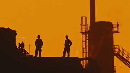 A silhouette of factory workers in an industrial setting during the golden hour