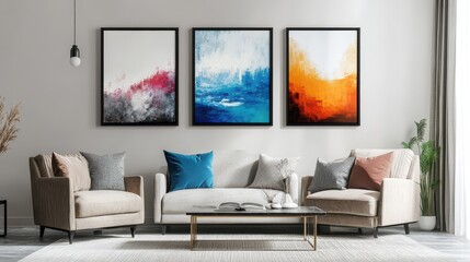 Modern living room interior with abstract artwork, comfortable sofas, and stylish decor.