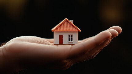 Naklejka premium small house model resting on hand symbolizes home and security