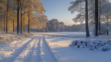 Obraz premium Snowy path through sunlit winter forest.