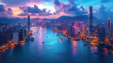 Fototapeta premium Vibrant Hong Kong cityscape at sunset, harbor view.