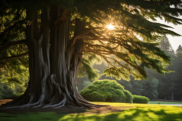 Enthralling Portrait of a Majestic Cypress Tree Basked in the Glow of the Sun Amidst Rich Green Scenery