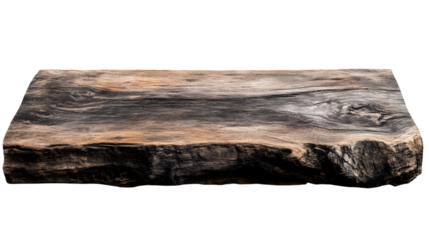 Textured rustic wooden plank platform with natural imperfections, ideal for showcasing organic-themed decor. Isolated on transparent background