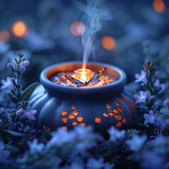 Candle beside a bouquet of flowers in a vase on a table generated AI