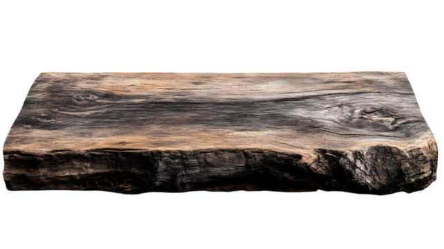 Textured rustic wooden plank platform with natural imperfections, ideal for showcasing organic-themed decor. Isolated on transparent background