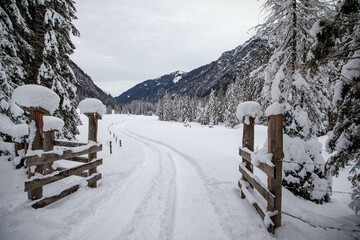 winter wonderland in Salzburg, Austria; a winter hike through snow covered fields and forest