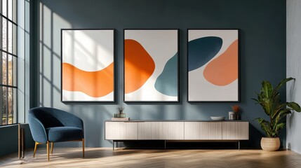 Stylish living room interior with abstract art, modern furniture, and natural light.