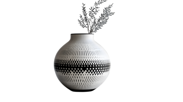 Minimalist black and white textured ceramic vase with a modern geometric design, perfect for contemporary interiors. Isolated on transparent background