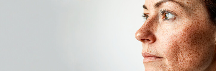 Obraz premium Side shot Middle aged woman's face with natural freckles isolated on white background