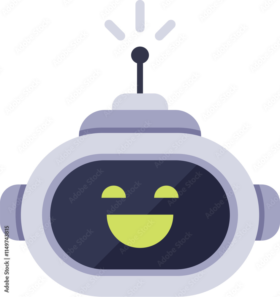 Poster cute robot showing a happy expression on its face, with an antenna transmitting data, representing a