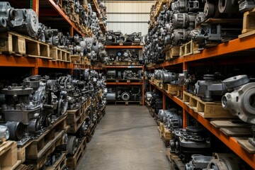 Warehouse of used engines and parts organized for sale to auto centers and junkyards
