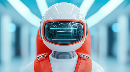 Futuristic robot with sleek helmet and vibrant backpack in modern setting