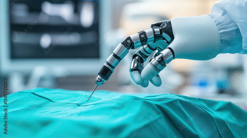 Poster close up of advanced surgical robot hand performing precise procedure on patient. robotic arm showca