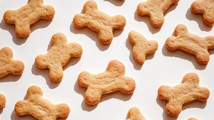 A close-up of bone-shaped dog biscuits placed neatly on a clean white surface.