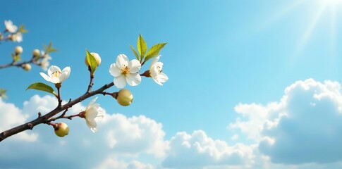 Obraz premium A delicate white pear branch dances across the clouds like a gentle breeze as if painted against a radiant blue sky, branch, serene landscape