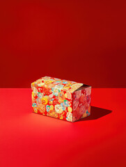 Colorful gift box on vibrant red background