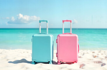 Blue and pink suitcases stand on the beach on the sand against the background of the blue sea and sky. Concept of tourism, travel. High quality photo