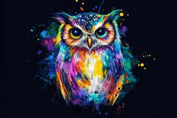 Obraz premium A vibrant watercolor painting of a colorful owl with expressive eyes. The concept of creativity, wisdom, and the beauty of nature interpreted through artistic expression. Generative AI.