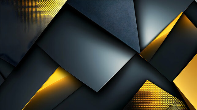 Bold 3D abstract background featuring sharp, angular geometric shapes, metallic textures, and contrasting colors like gold, black, and silver, adding an edgy and dramatic touch - Powered by Adobe